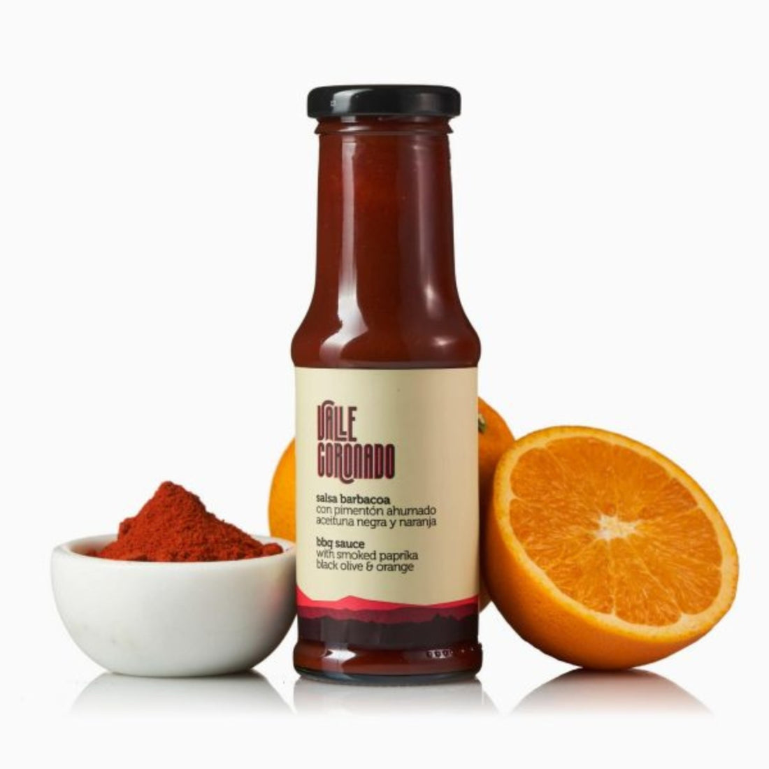 Salsa Barbacoa (BBQ) met gerookte paprika, zwarte olijven en sinaasappel
