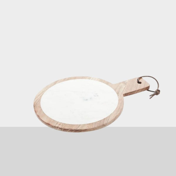 Tapasplank Marmer Wit Hout Rond D28 x 36cm met handvat